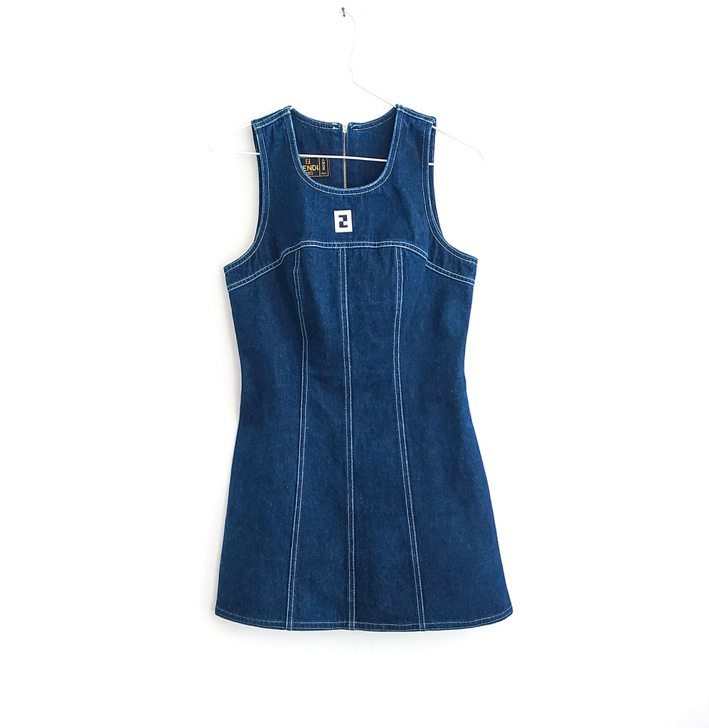 Fendi denim mini dress jean robe logo blanc