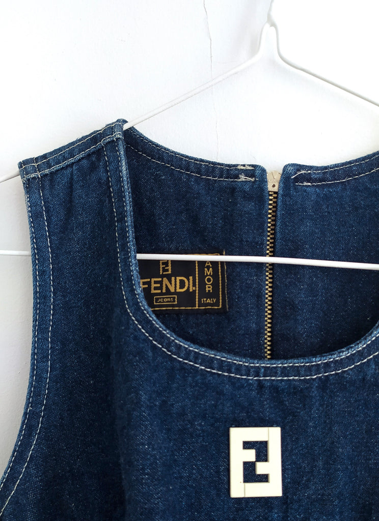 Fendi denim mini dress jean robe logo blanc