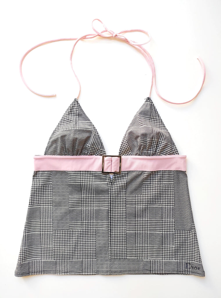 Dior carreaux top halter top noir et blanc et rose boucle logo